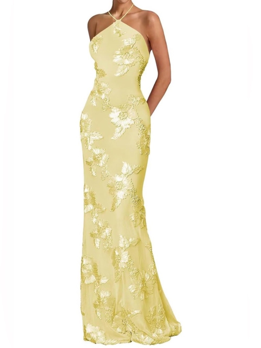 Elegant Yellow Floral Halter Evening Gown